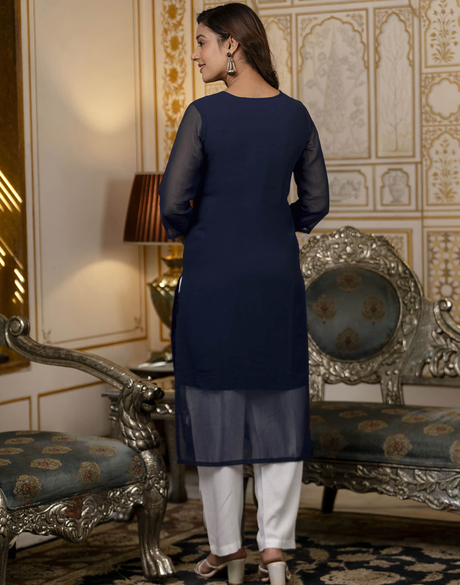 Navy Blue Georgette Embroidery Straight Kurti