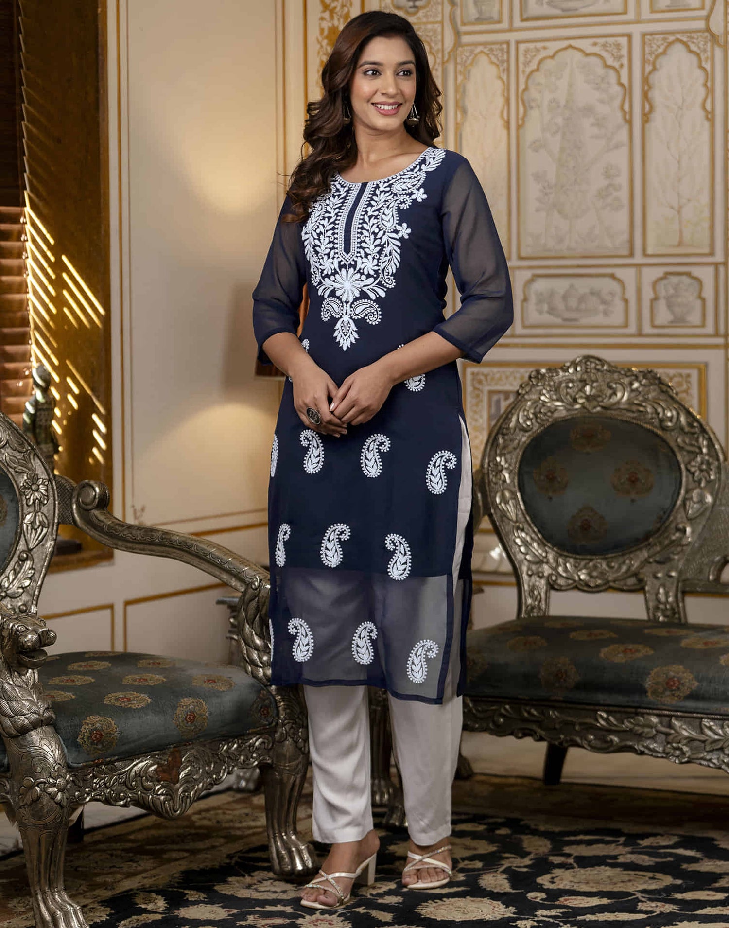 Navy Blue Georgette Embroidery Straight Kurti