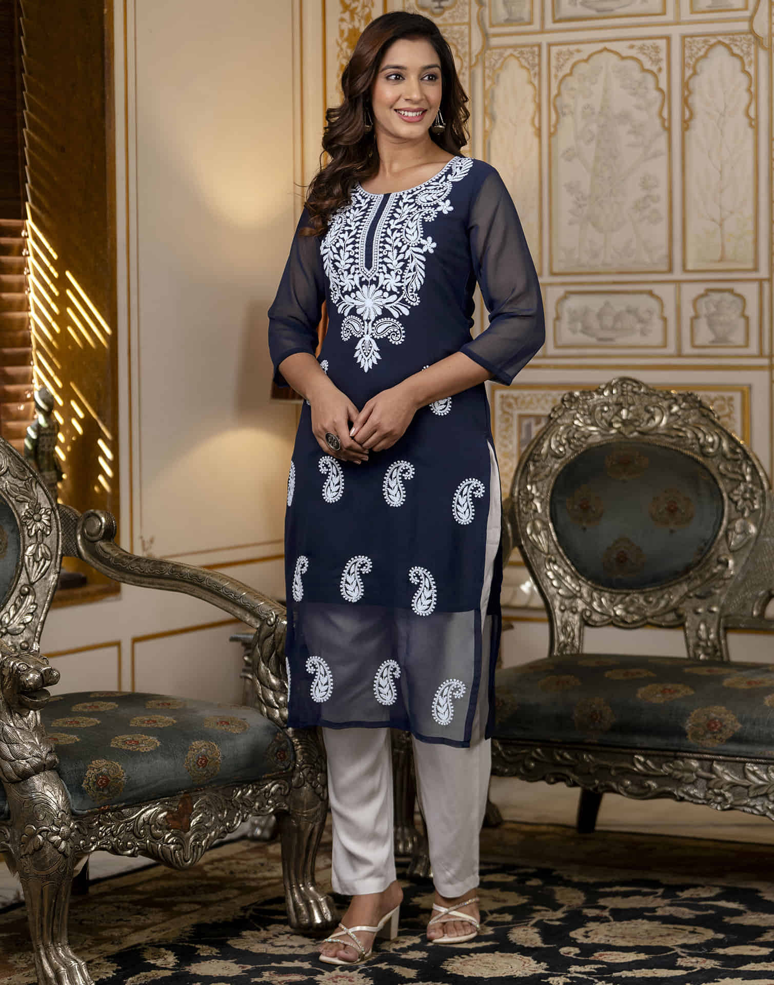 Navy Blue Georgette Embroidery Straight Kurti