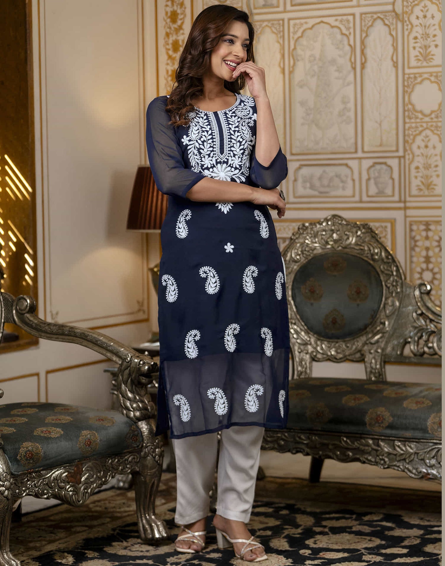 Navy Blue Georgette Embroidery Straight Kurti