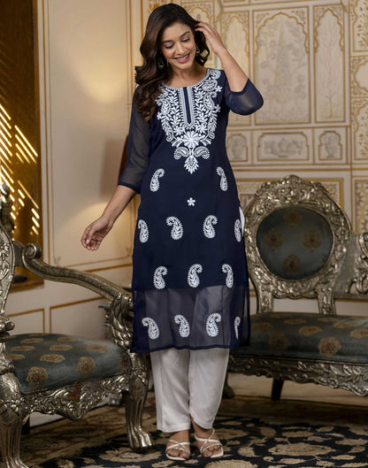 Navy Blue Georgette Embroidery Straight Kurti