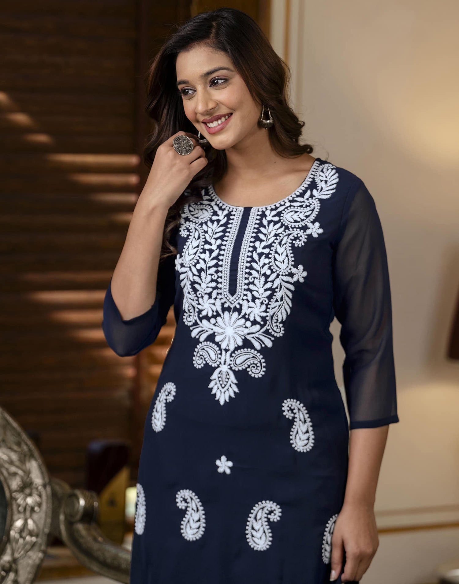 Navy Blue Georgette Embroidery Straight Kurti