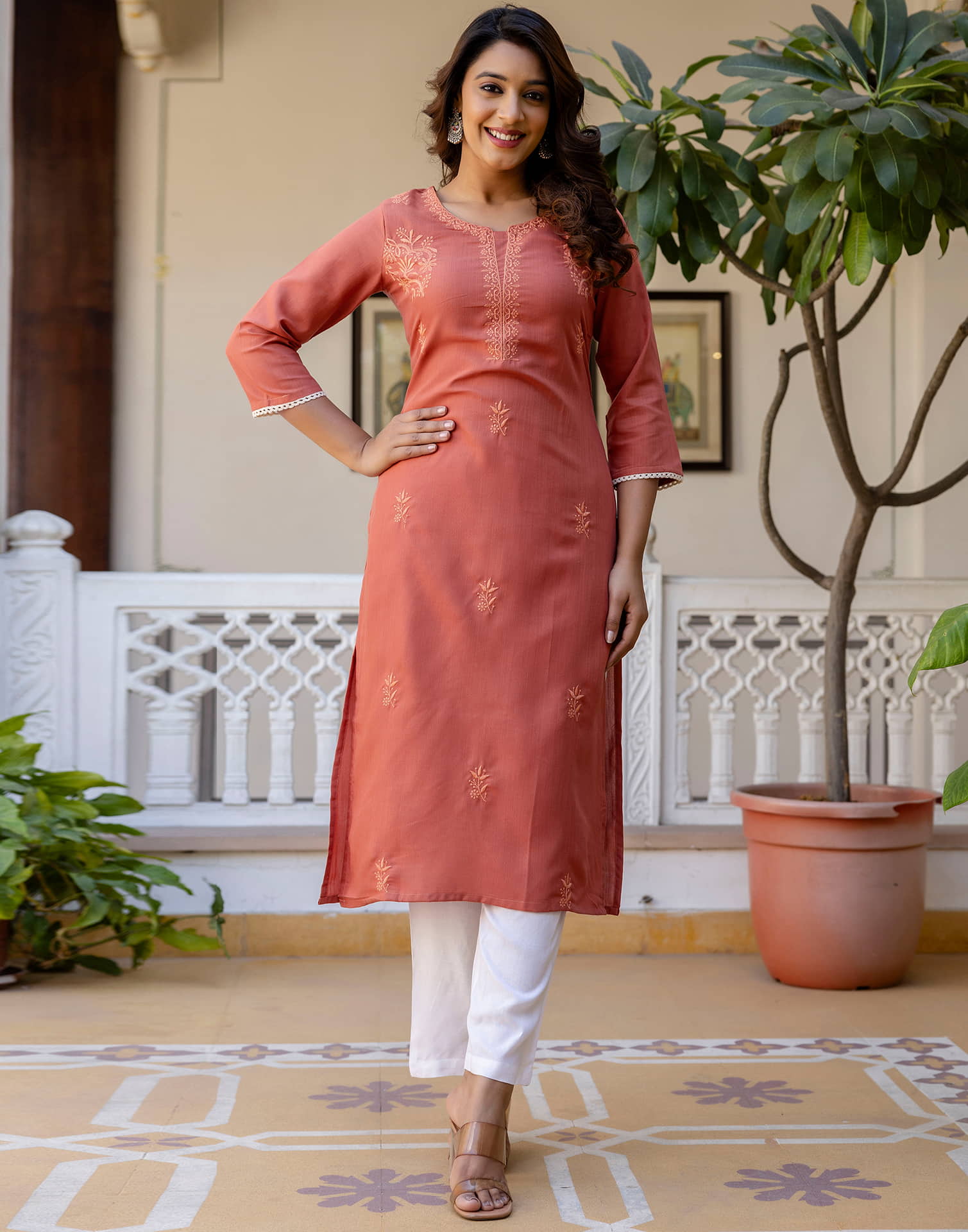 Peach Orange Cotton Embroidery Straight Kurti