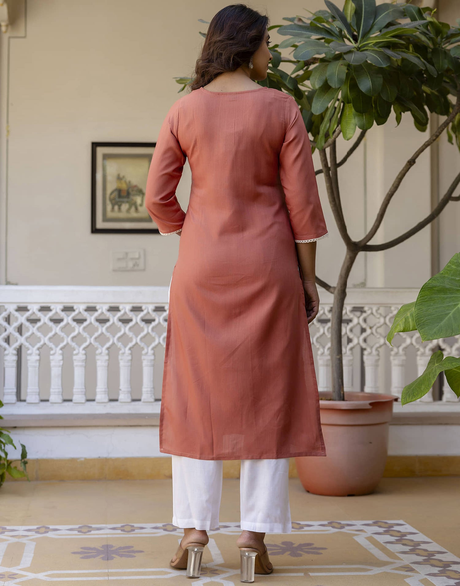 Peach Orange Cotton Embroidery Straight Kurti