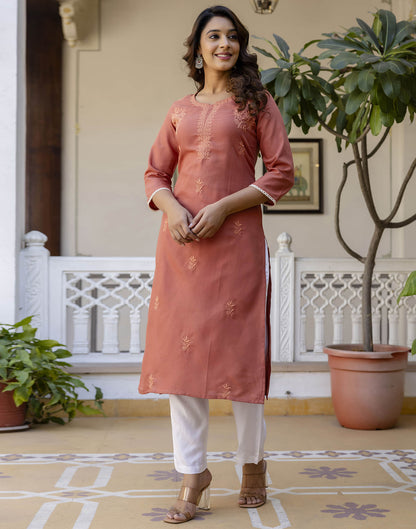 Peach Orange Cotton Embroidery Straight Kurti