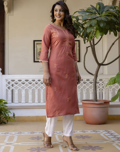 Peach Orange Cotton Embroidery Straight Kurti