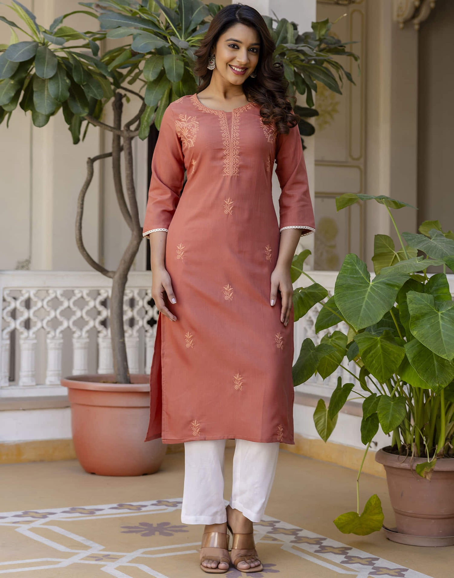 Peach Orange Cotton Embroidery Straight Kurti