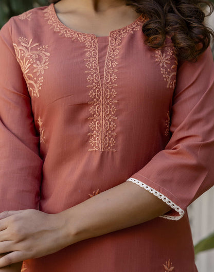 Peach Orange Cotton Embroidery Straight Kurti