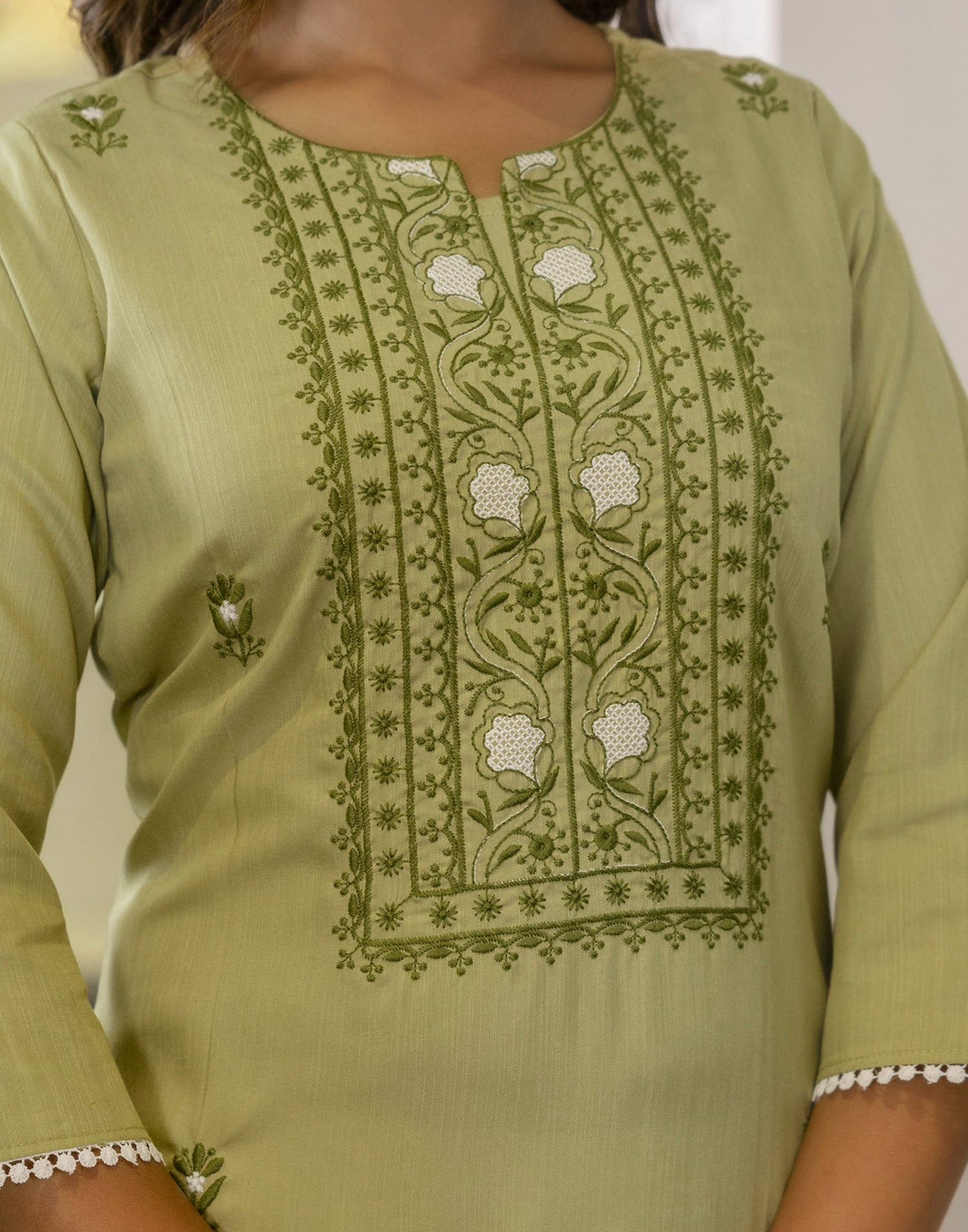 Sage Green Cotton Embroidery Straight Kurti