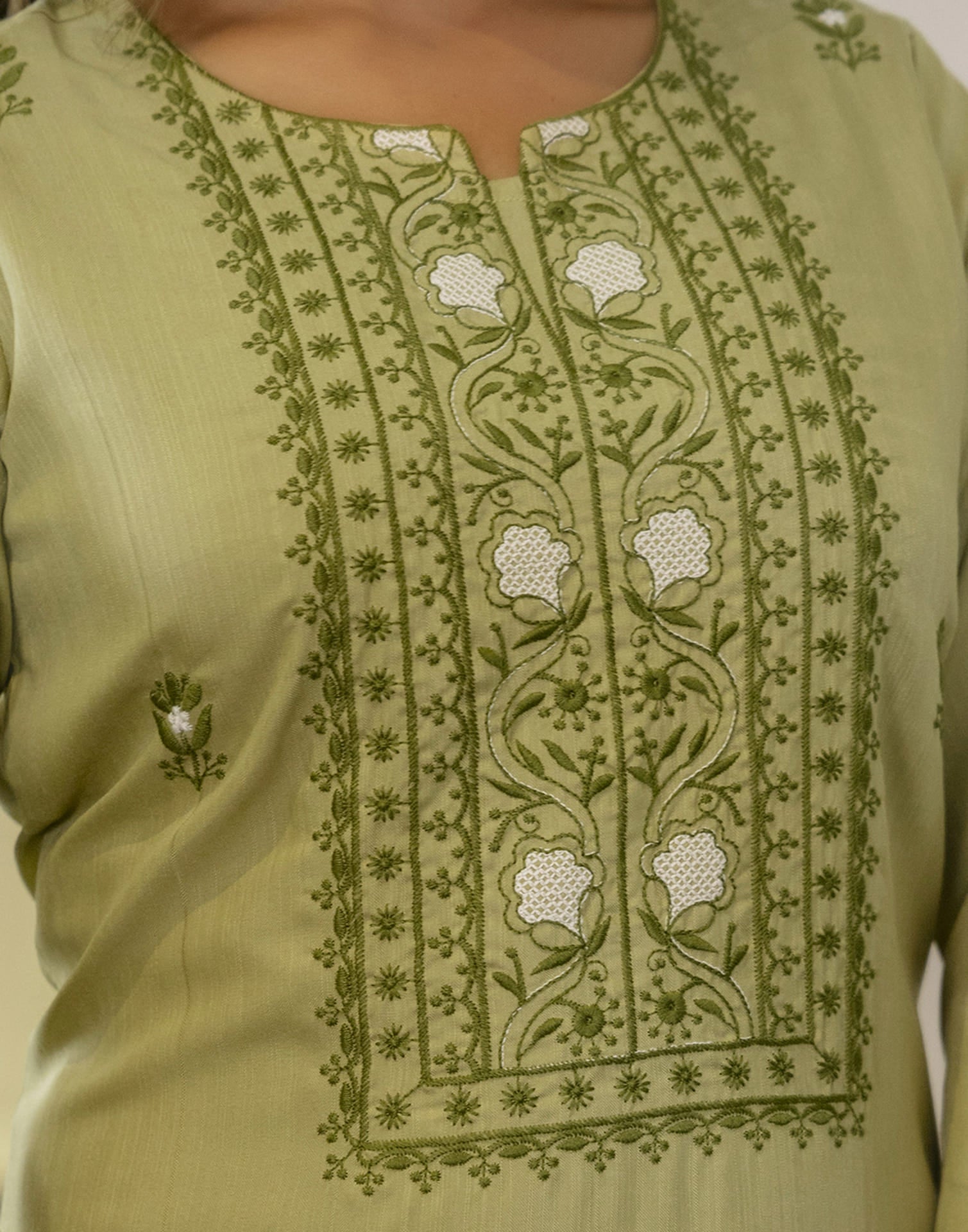 Sage Green Cotton Embroidery Straight Kurti