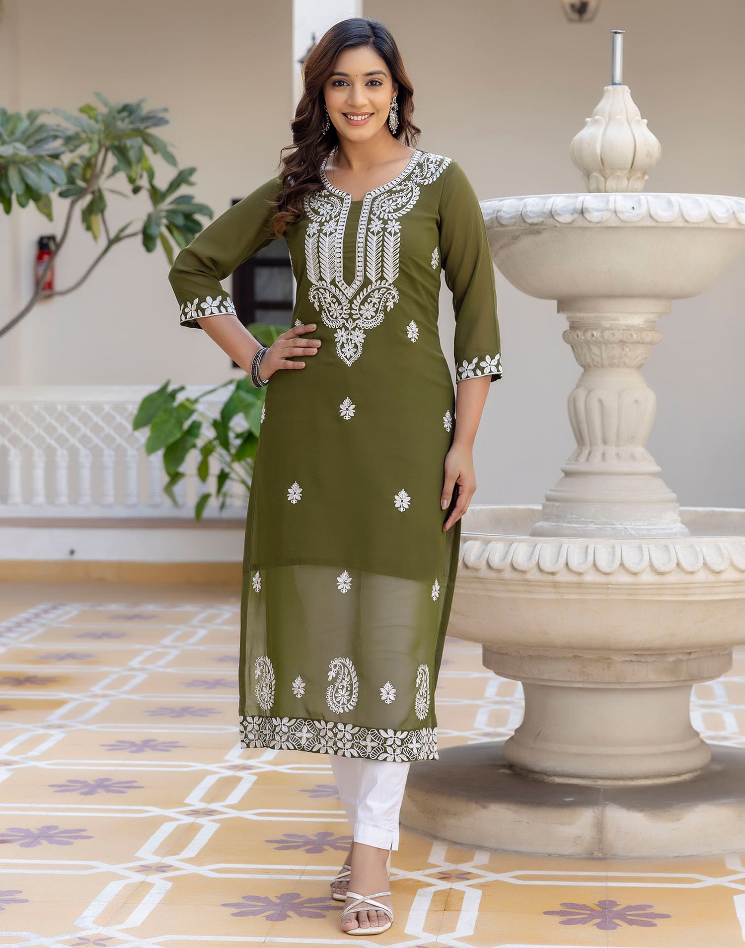 Olive Green Georgette Chikankari Straight Kurti