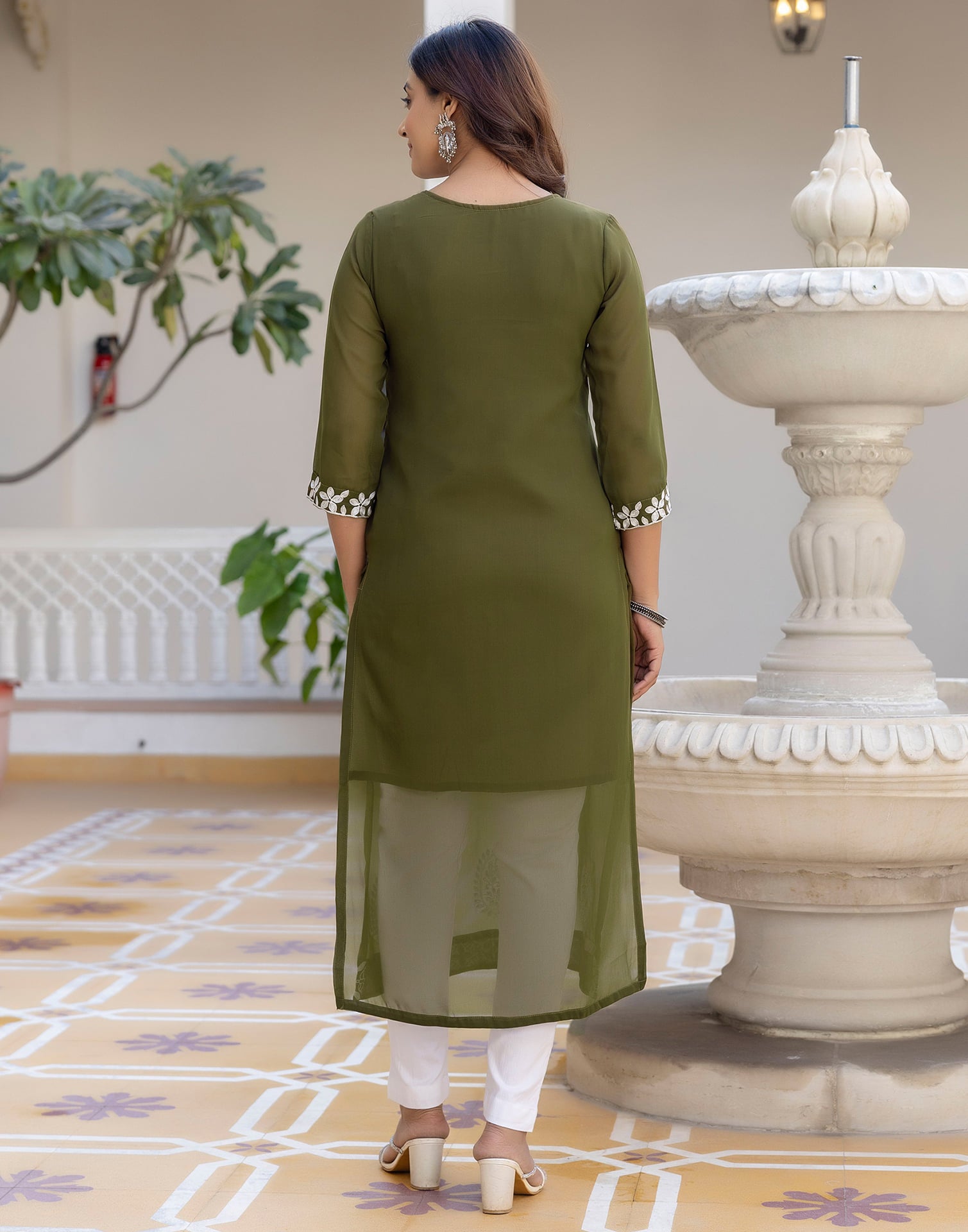 Olive Green Georgette Chikankari Straight Kurti