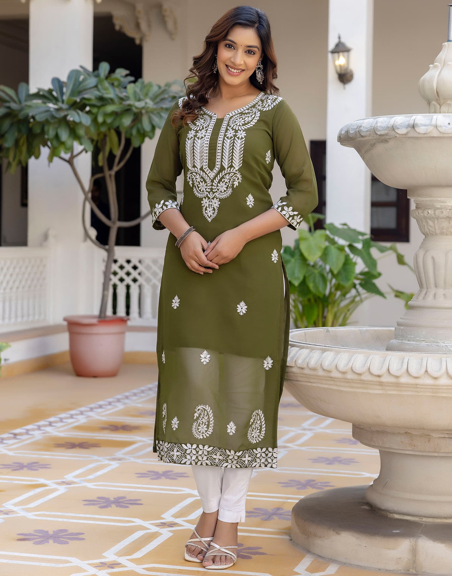 Olive Green Georgette Chikankari Straight Kurti