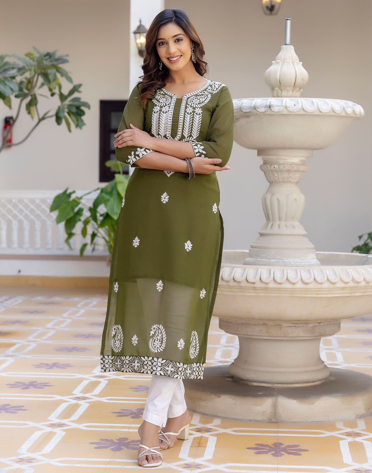 Olive Green Georgette Chikankari Straight Kurti