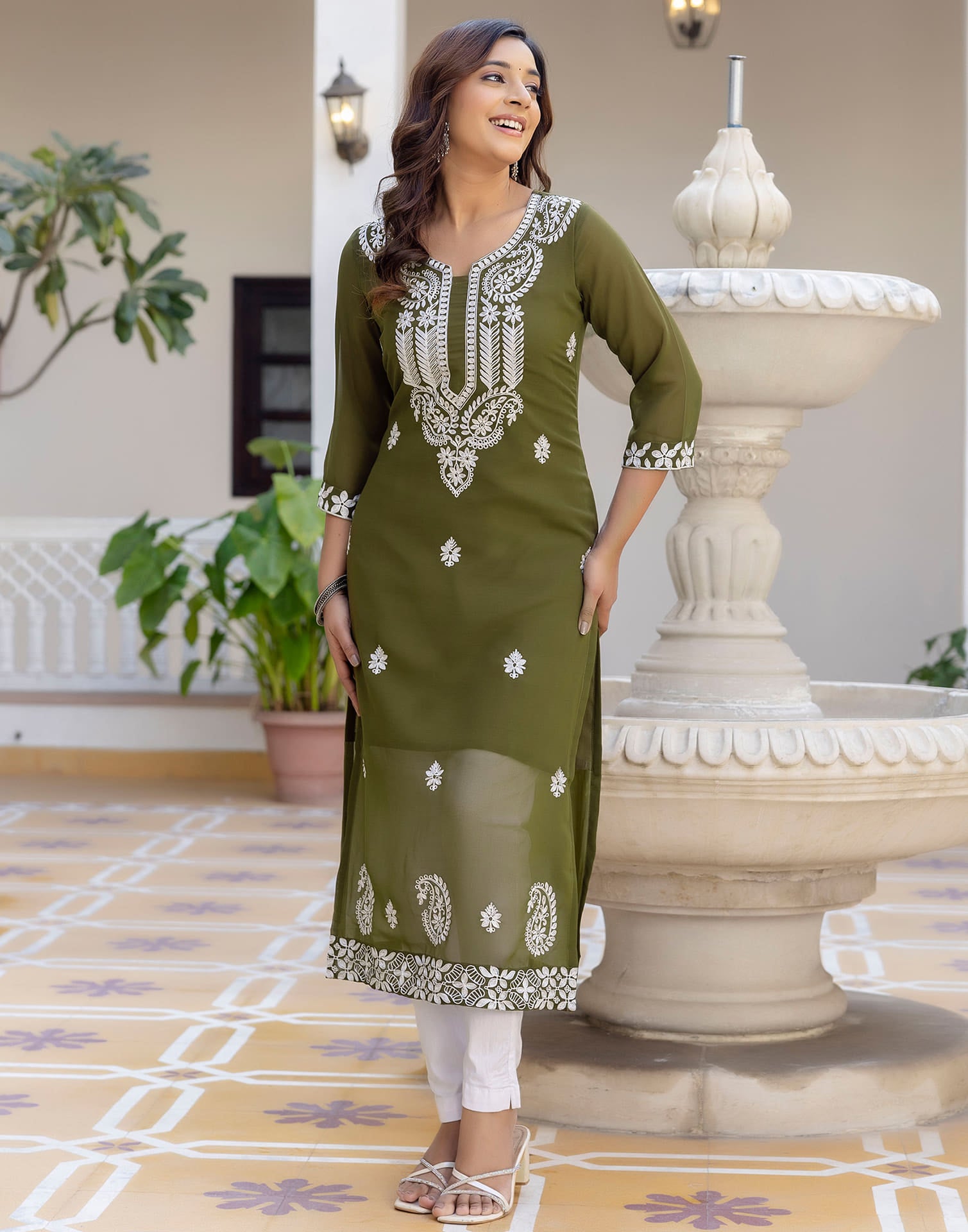 Olive Green Georgette Chikankari Straight Kurti