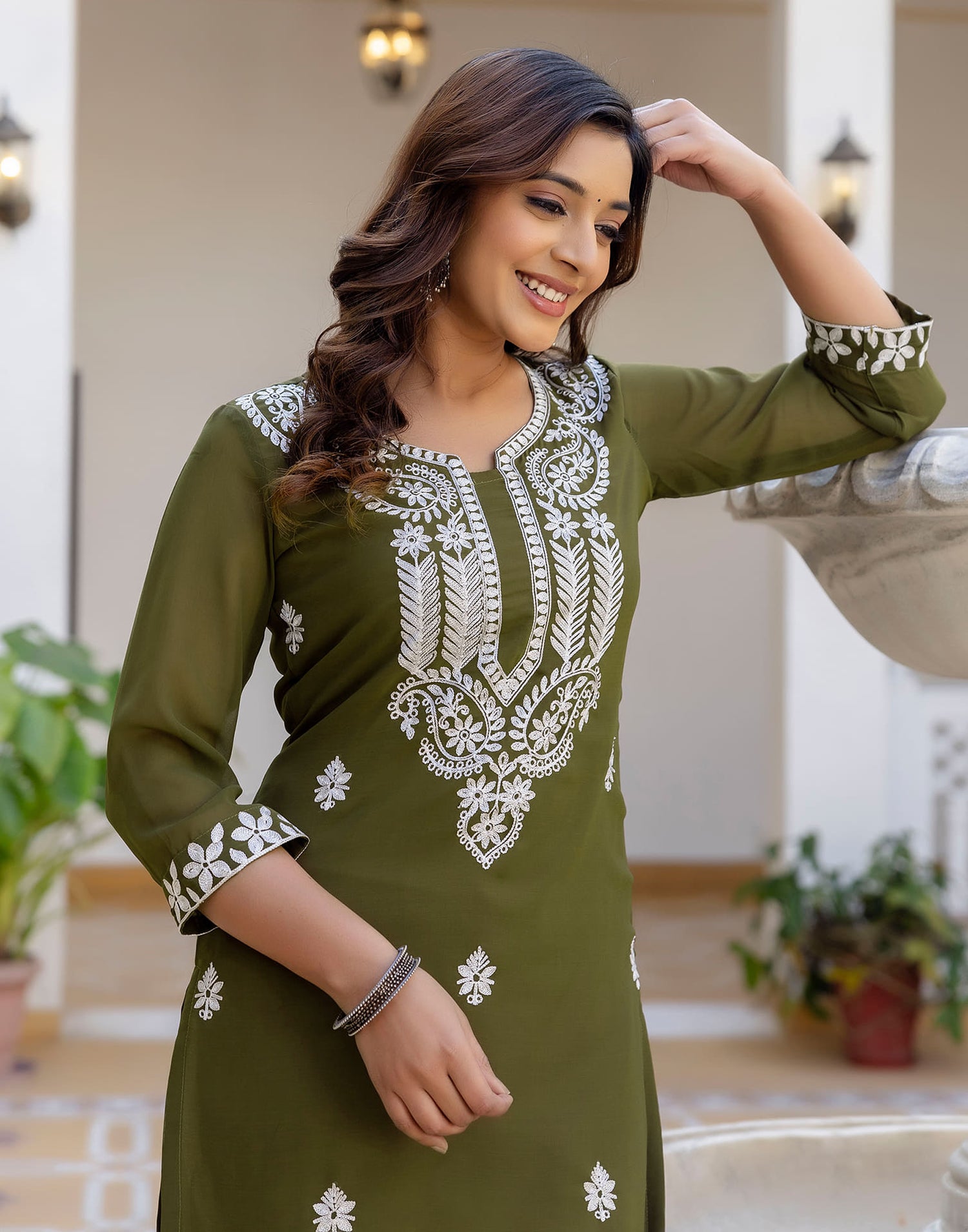 Olive Green Georgette Chikankari Straight Kurti