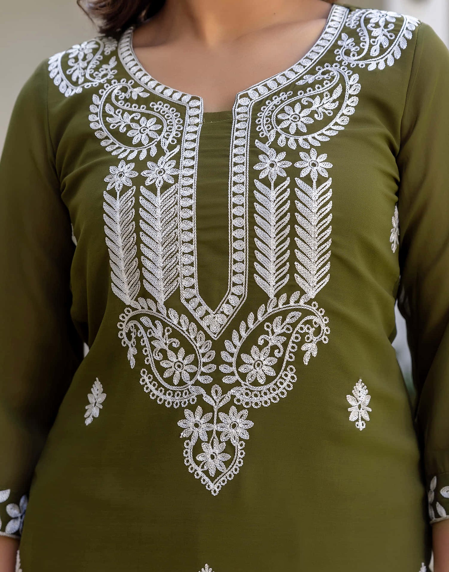 Olive Green Georgette Chikankari Straight Kurti