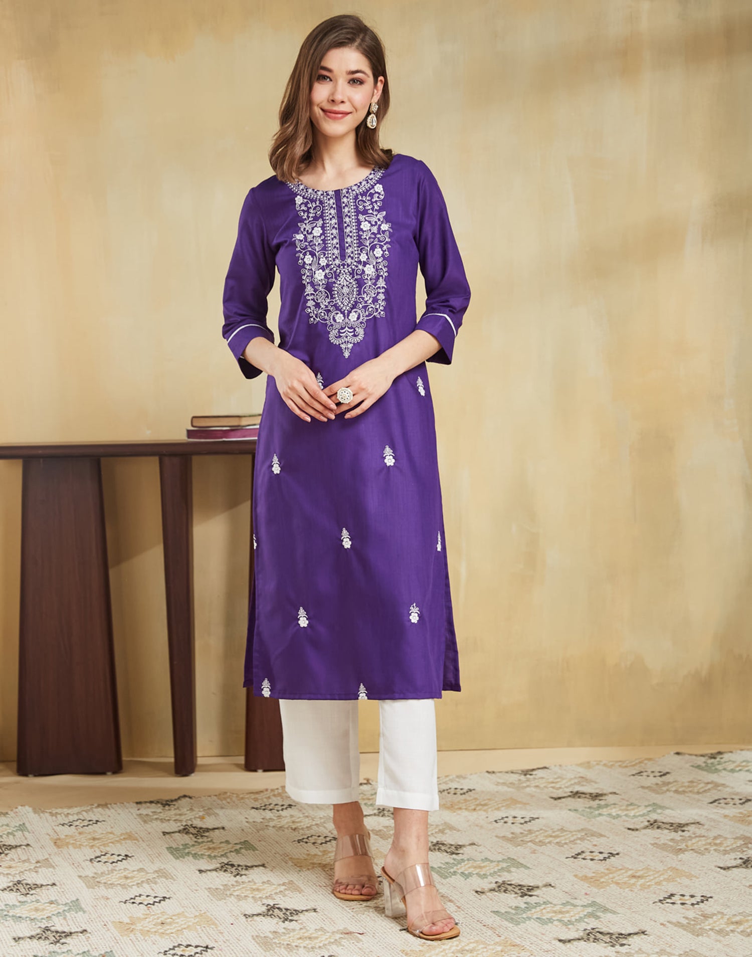 Purple Cotton Embroidery Straight Kurti