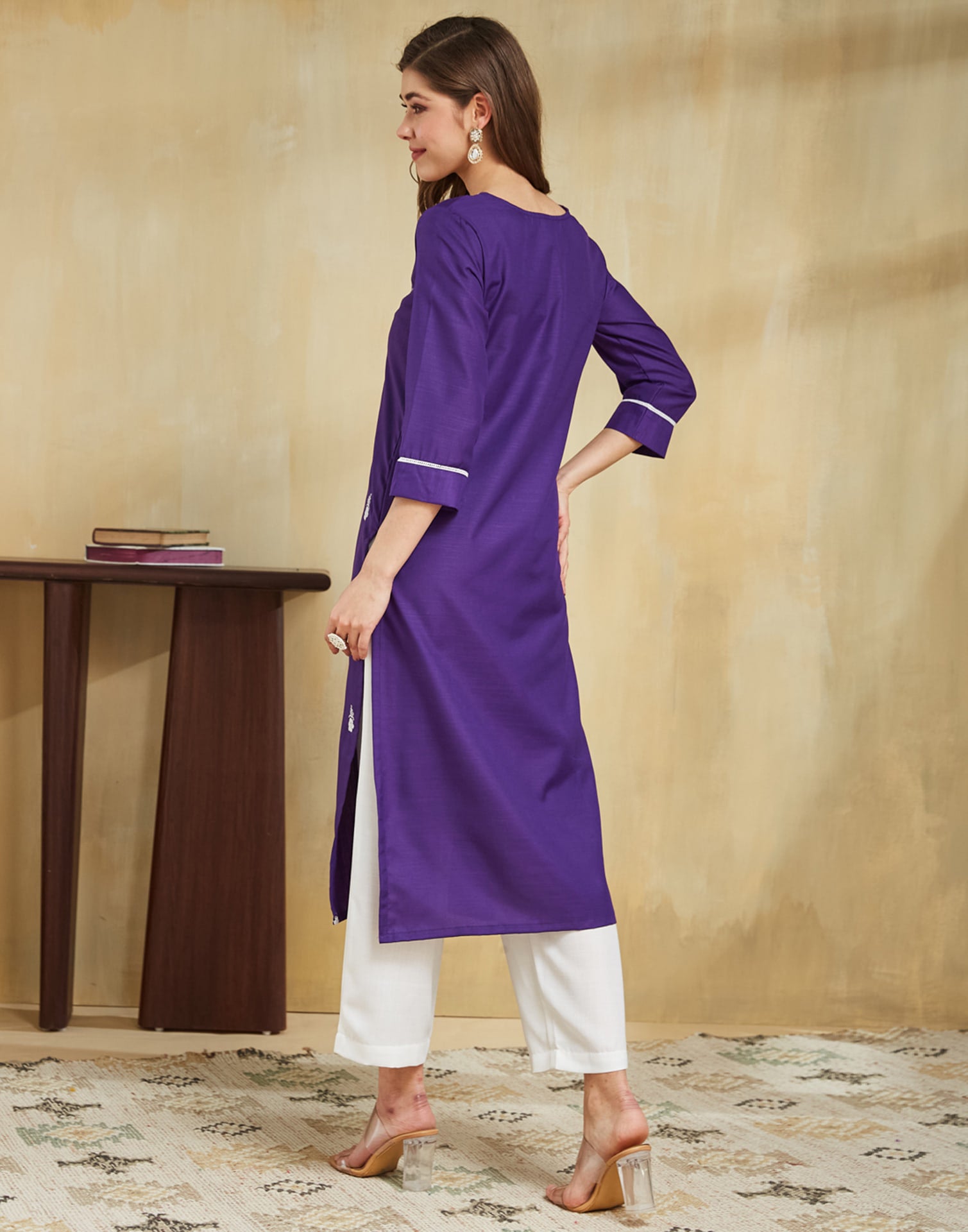 Purple Cotton Embroidery Straight Kurti