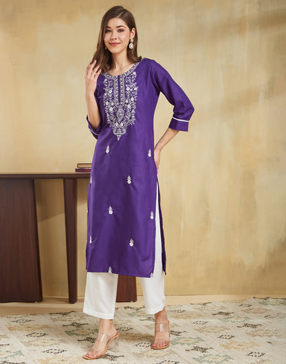 Purple Cotton Embroidery Straight Kurti