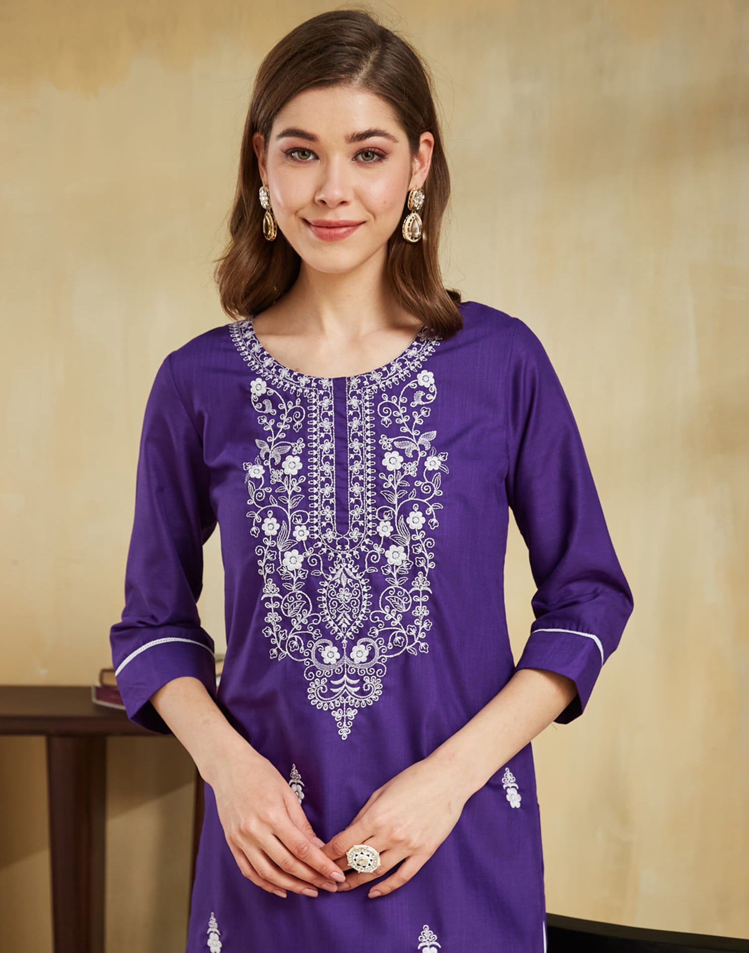 Purple Cotton Embroidery Straight Kurti