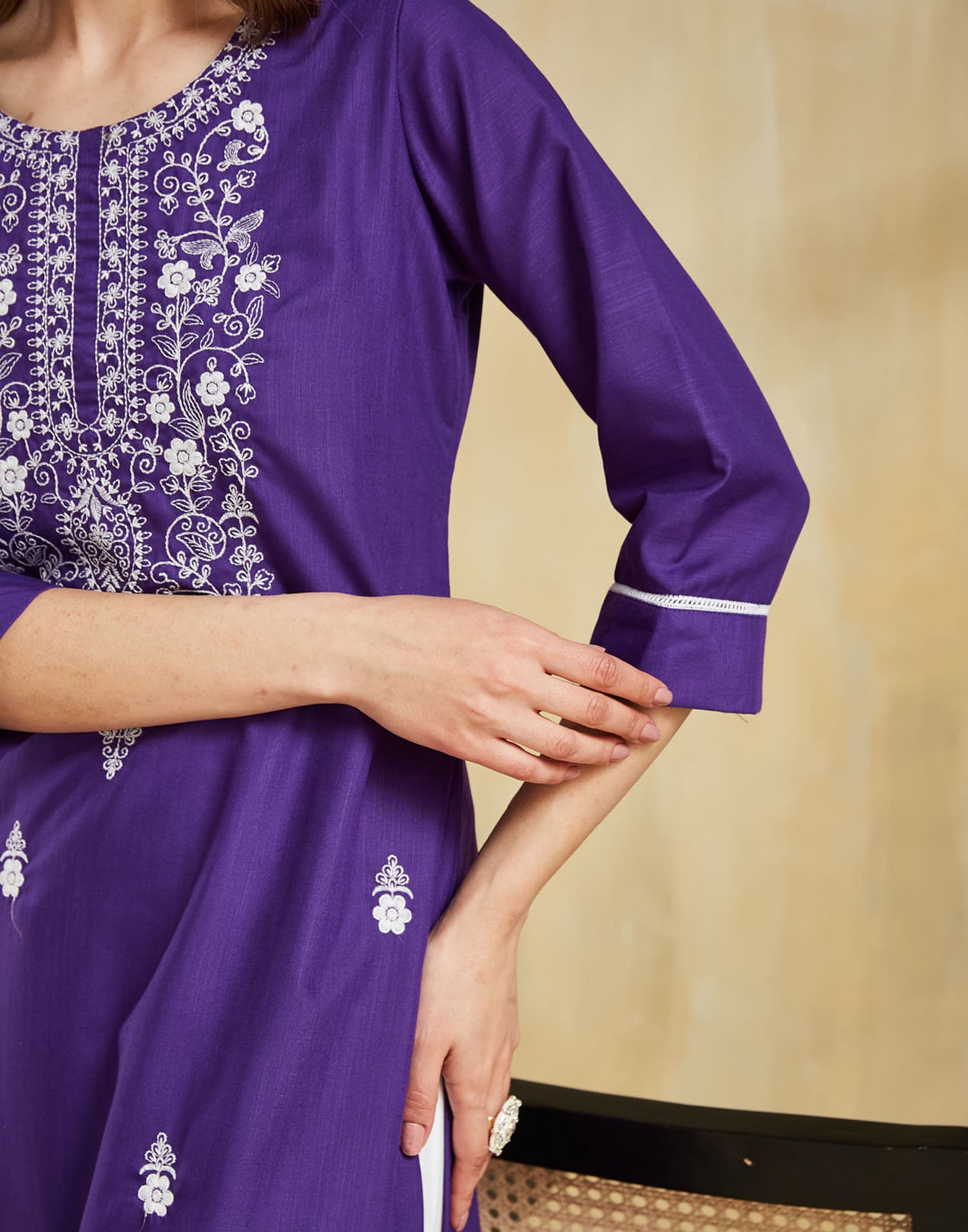 Purple Cotton Embroidery Straight Kurti