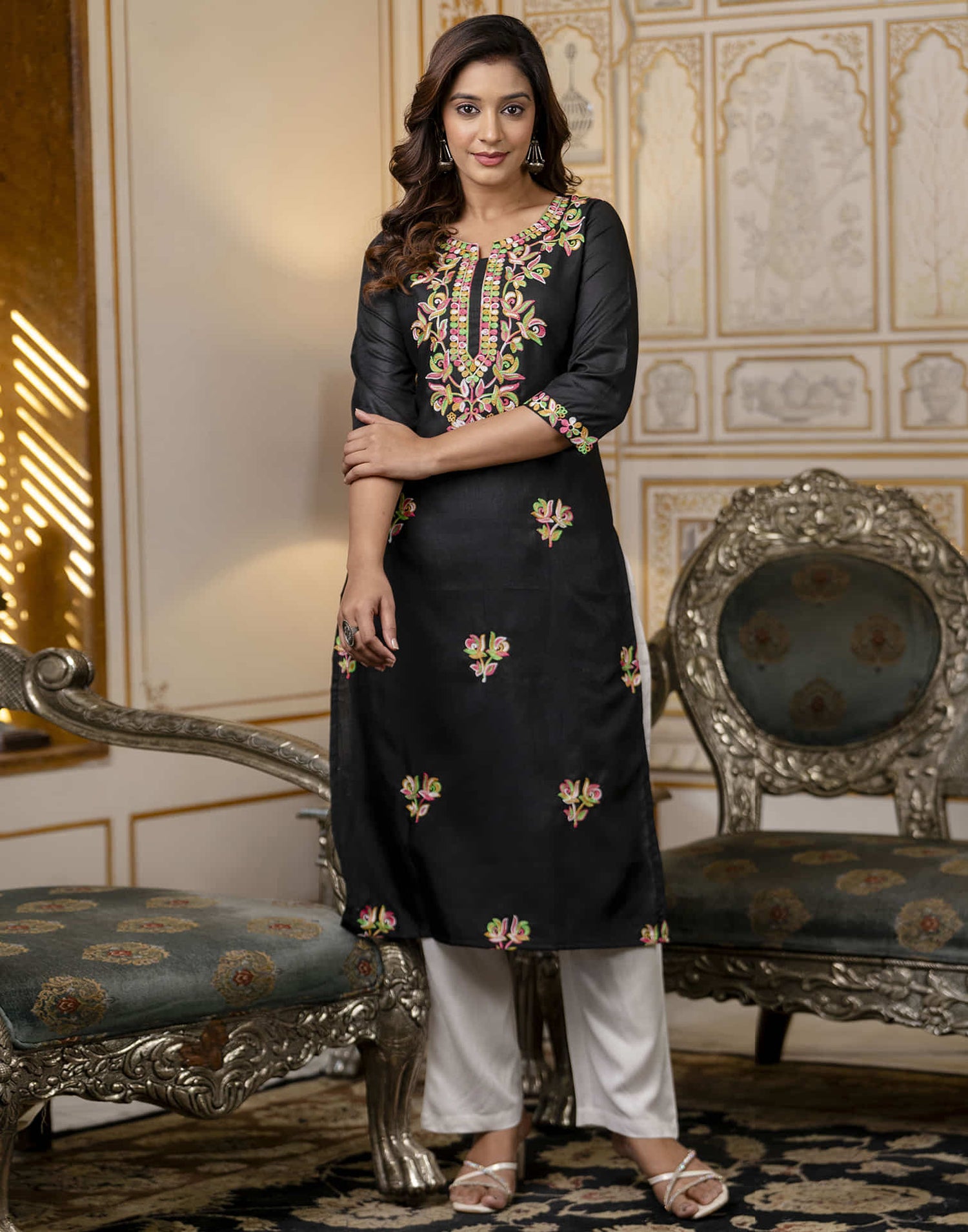 Black Cotton Embroidery Straight Kurti