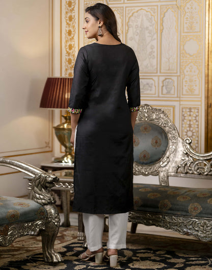 Black Cotton Embroidery Straight Kurti