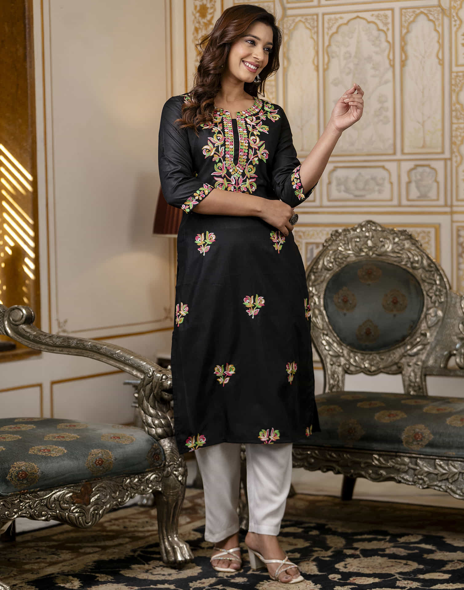 Black Cotton Embroidery Straight Kurti