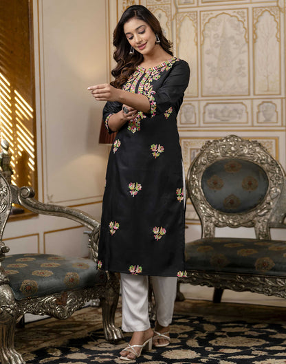 Black Cotton Embroidery Straight Kurti