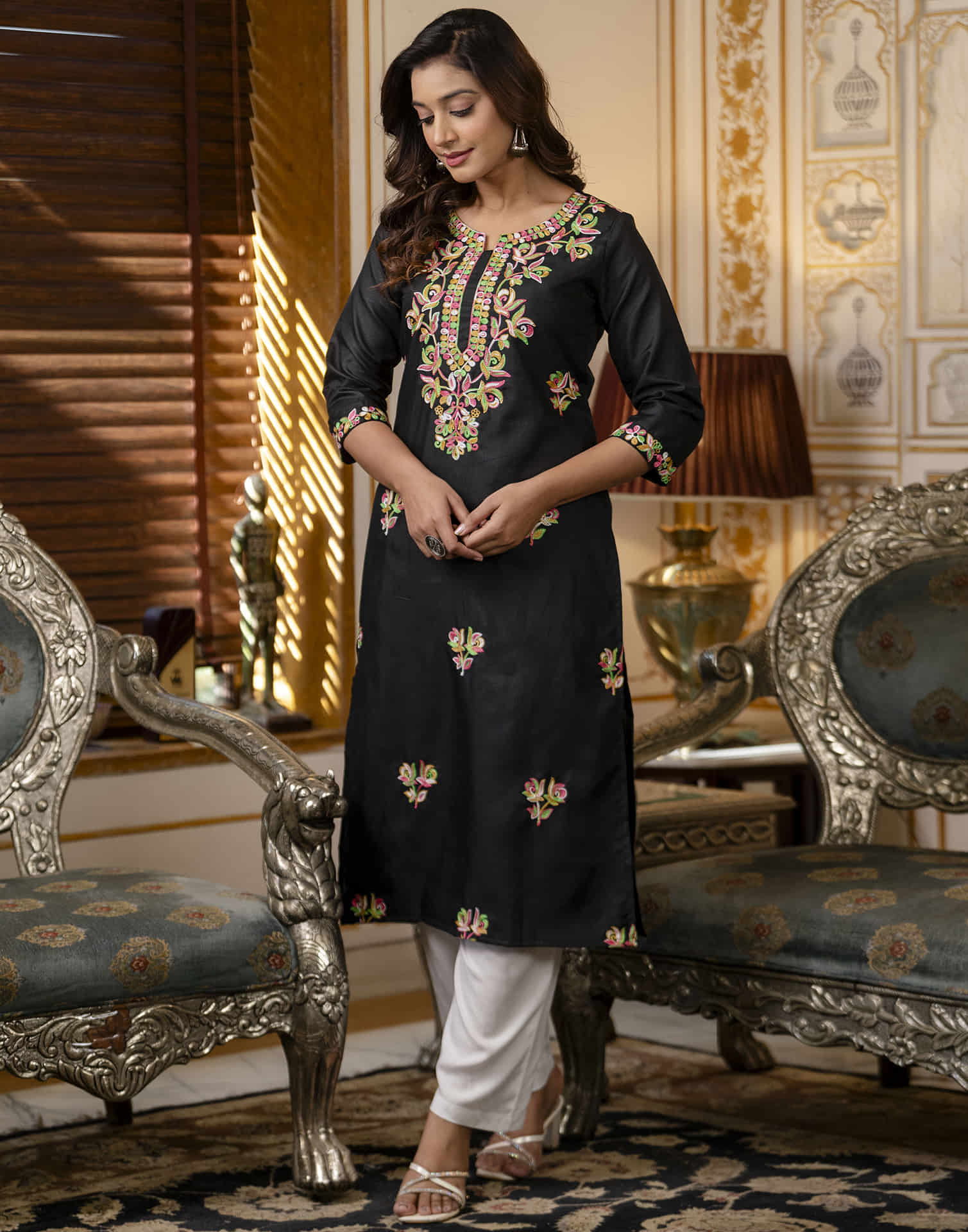 Black Cotton Embroidery Straight Kurti