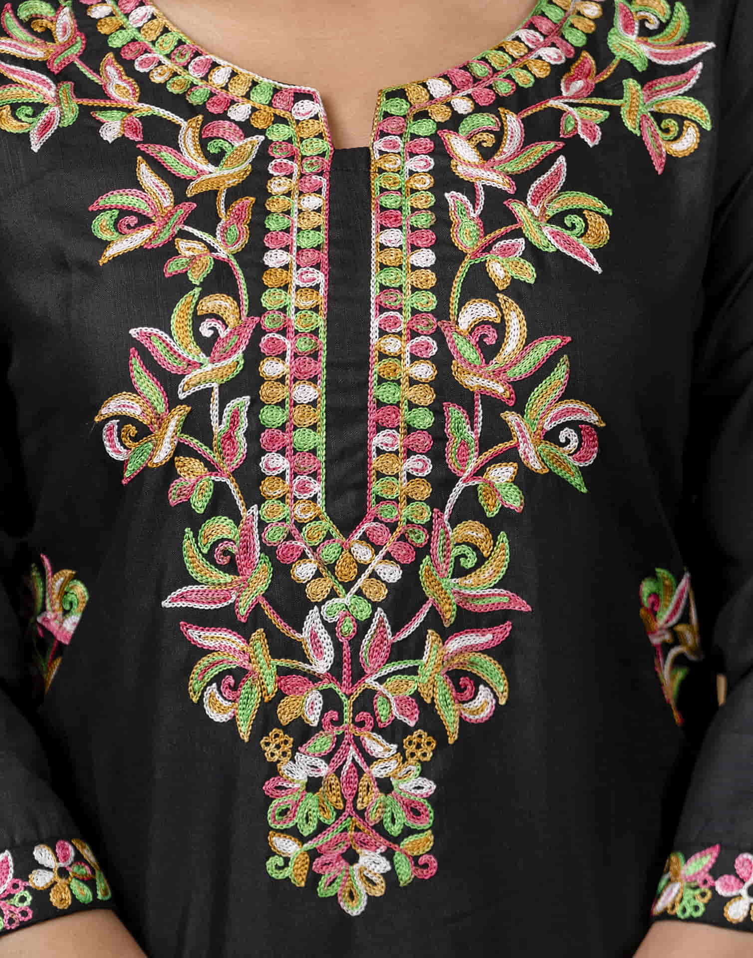 Black Cotton Embroidery Straight Kurti