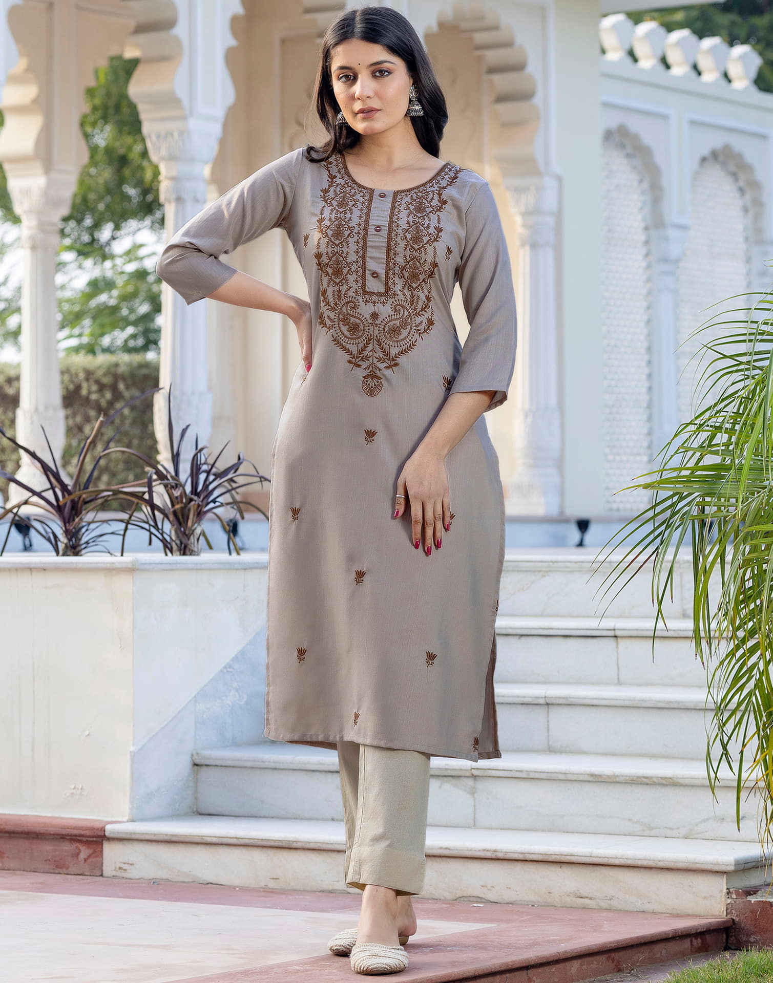 Beige Cotton Embroidery Straight Kurti