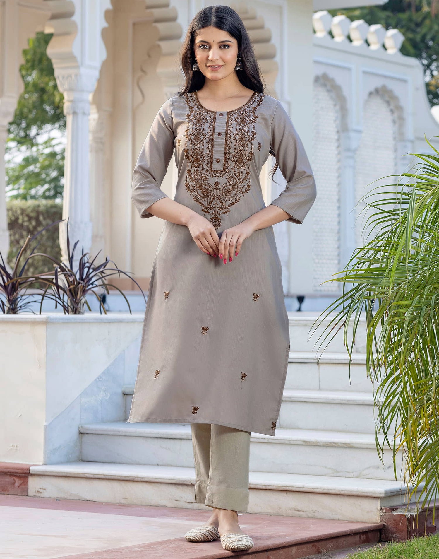 Beige Cotton Embroidery Straight Kurti