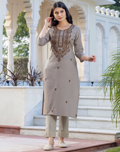 Beige Cotton Embroidery Straight Kurti