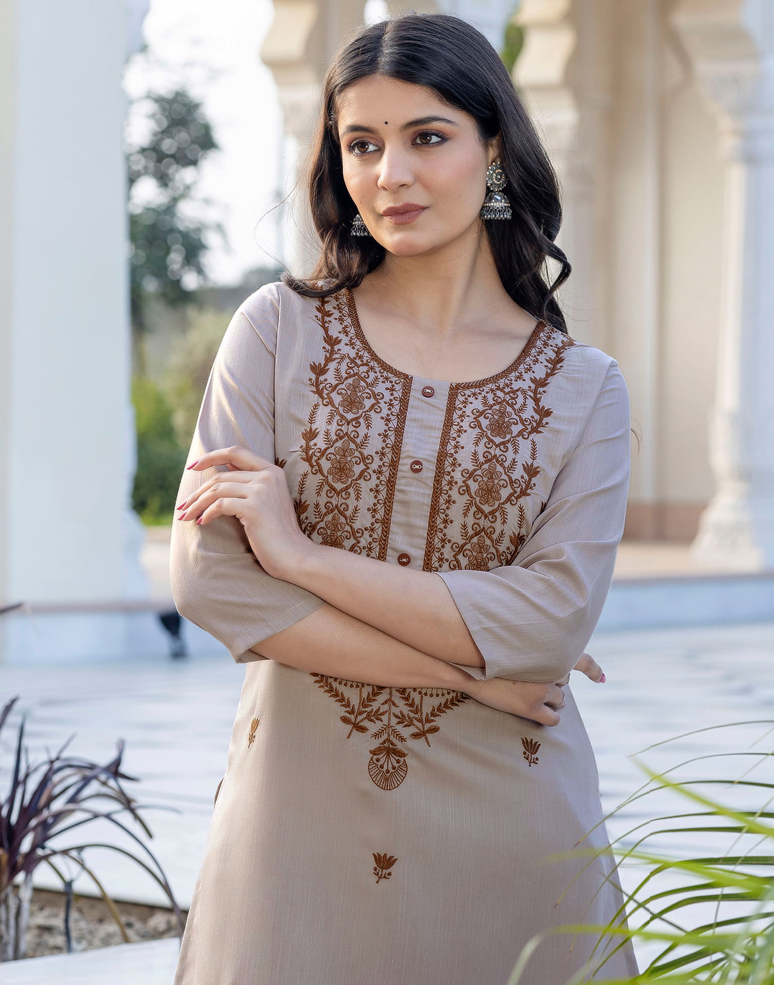 Beige Cotton Embroidery Straight Kurti