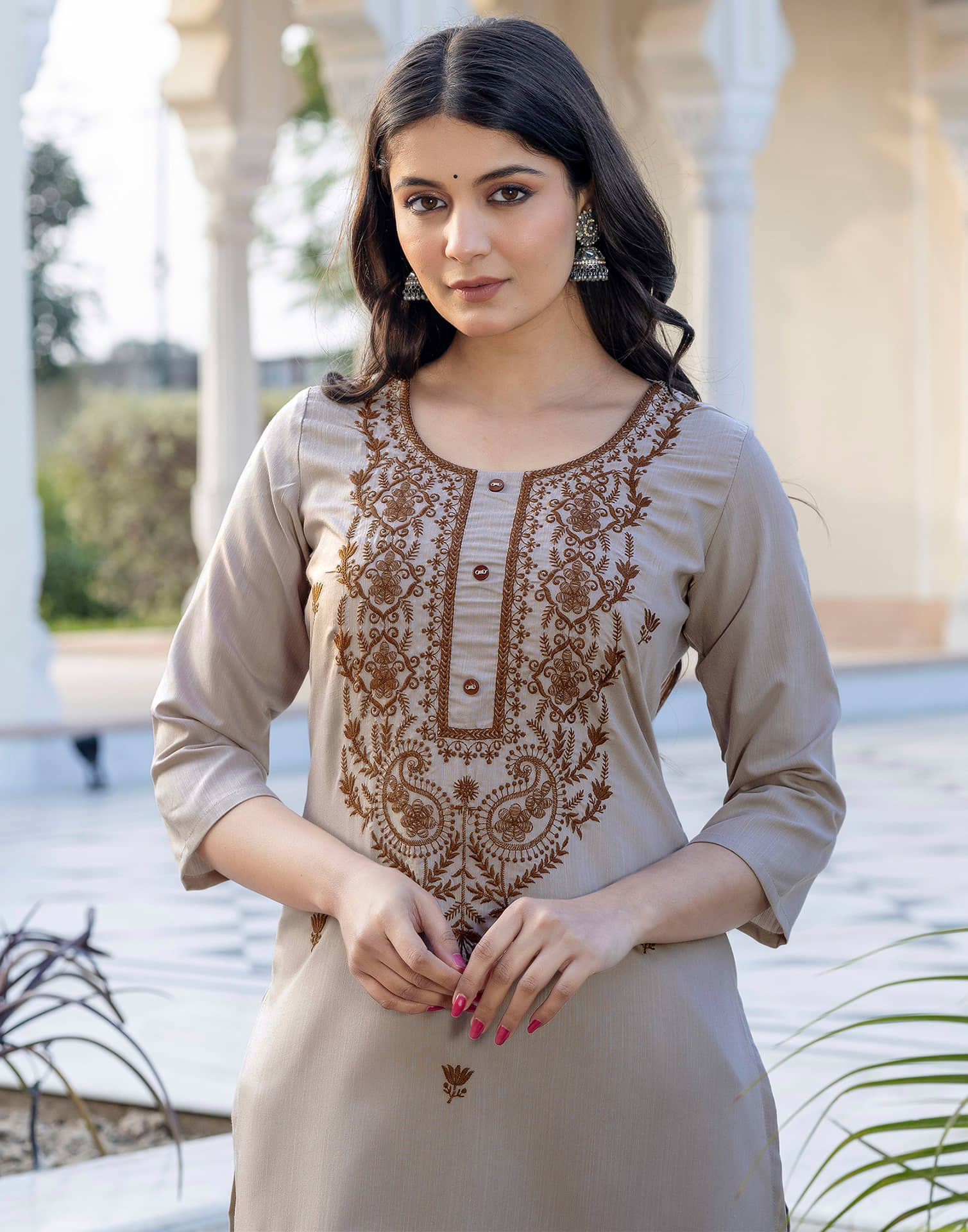 Beige Cotton Embroidery Straight Kurti