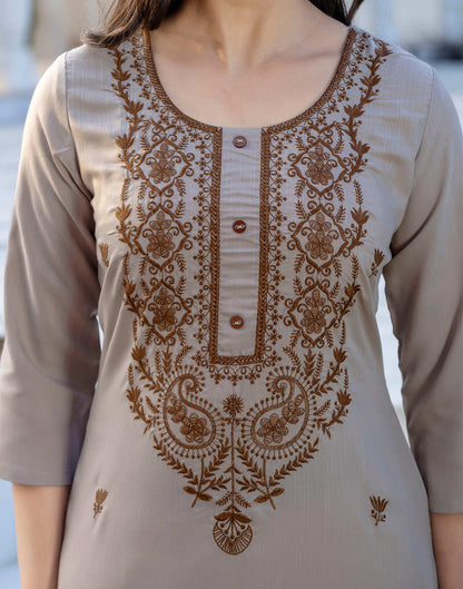 Beige Cotton Embroidery Straight Kurti