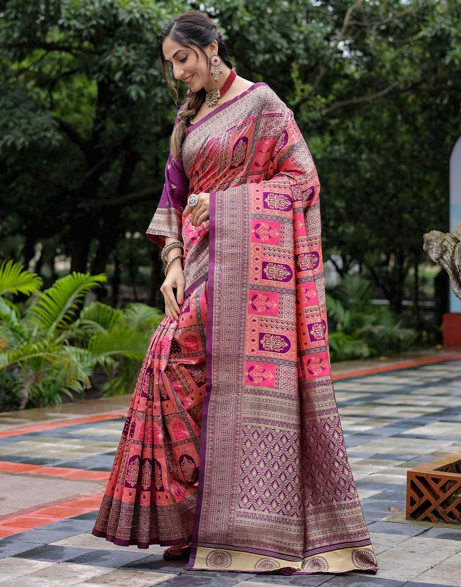 Coral Pink Silk Woven Saree