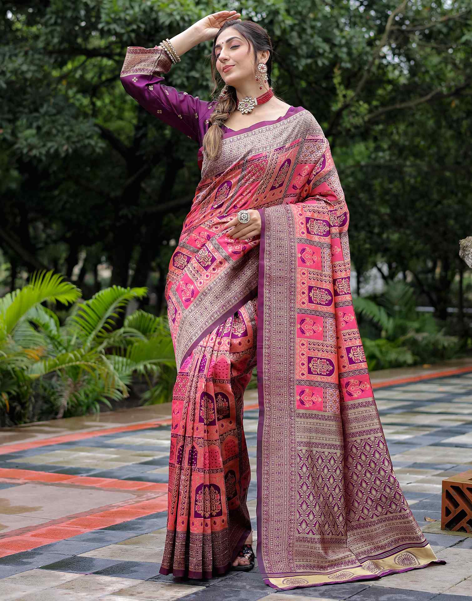 Coral Pink Silk Woven Saree