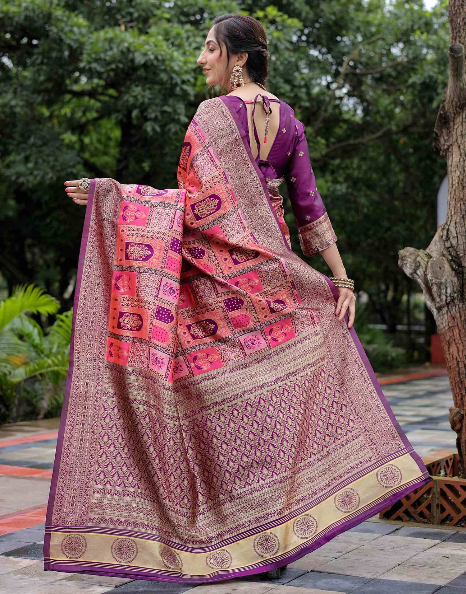 Coral Pink Silk Woven Saree