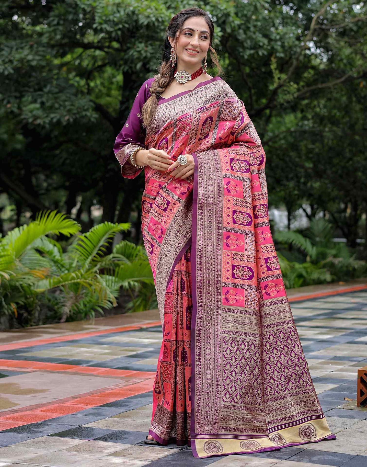 Coral Pink Silk Woven Saree