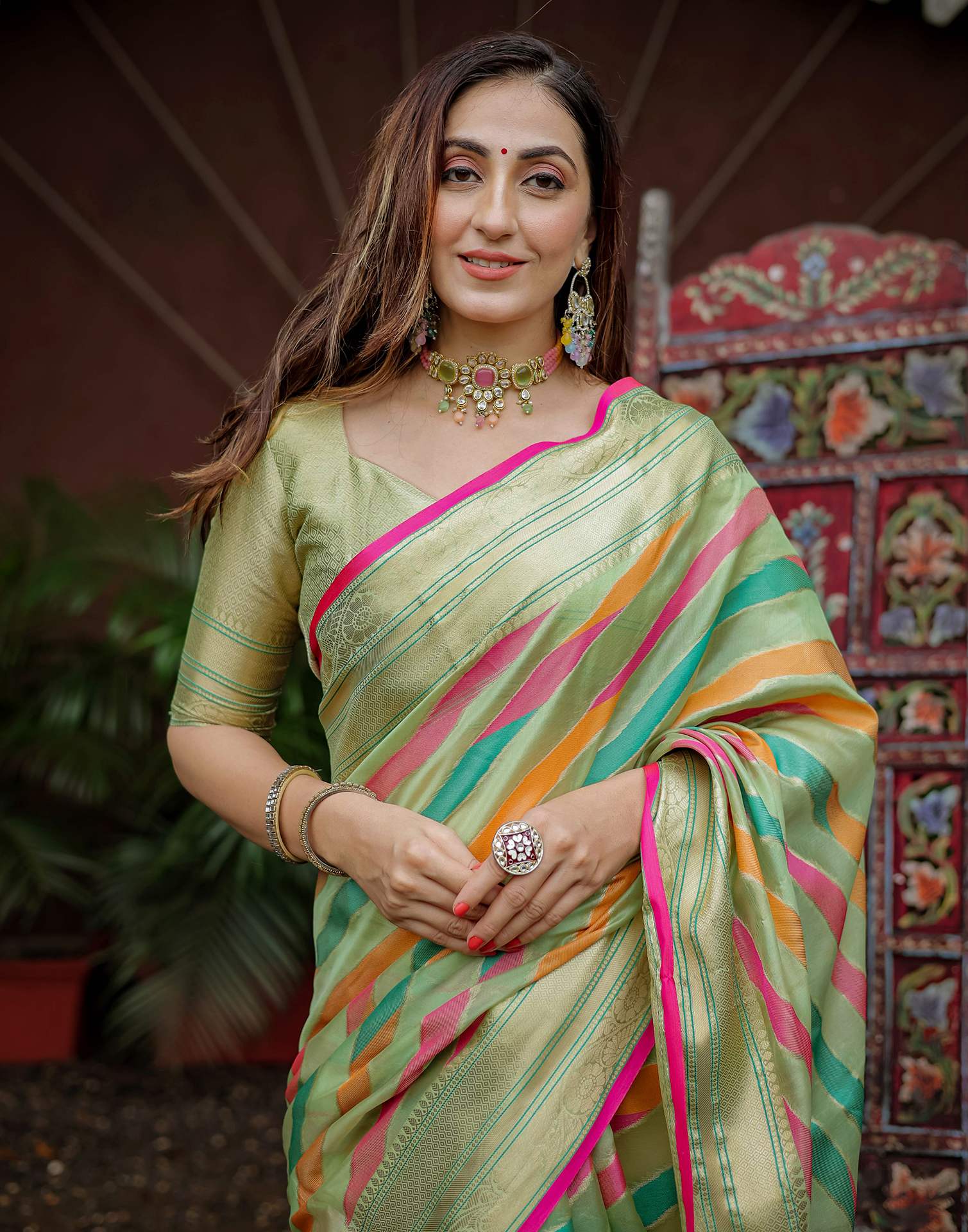 Pista Green Silk Woven Saree