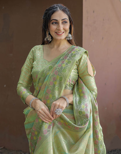 Pista Green Silk Woven Saree