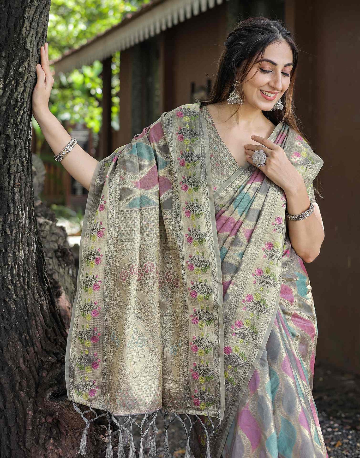 Grey Silk Woven Saree