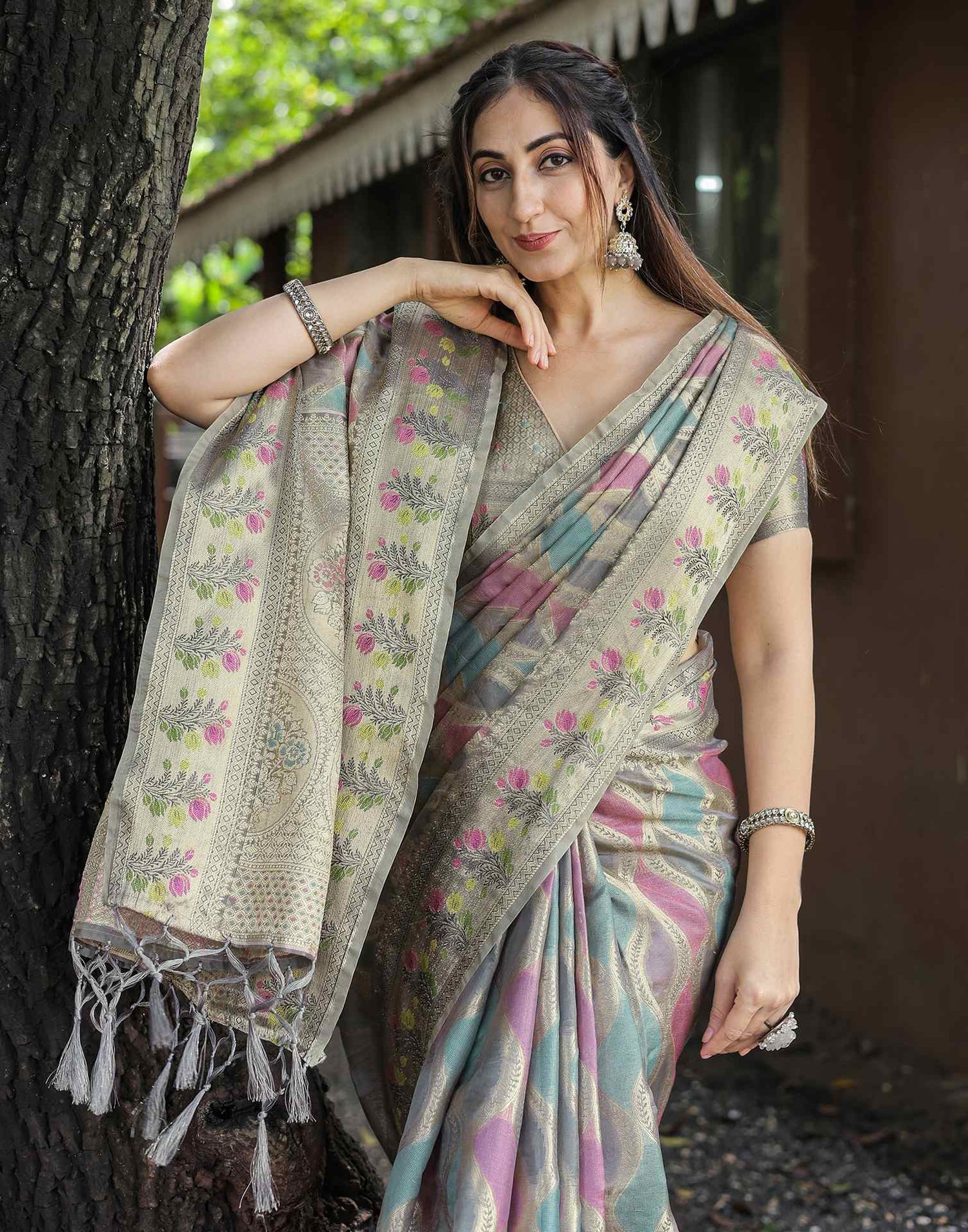 Grey Silk Woven Saree
