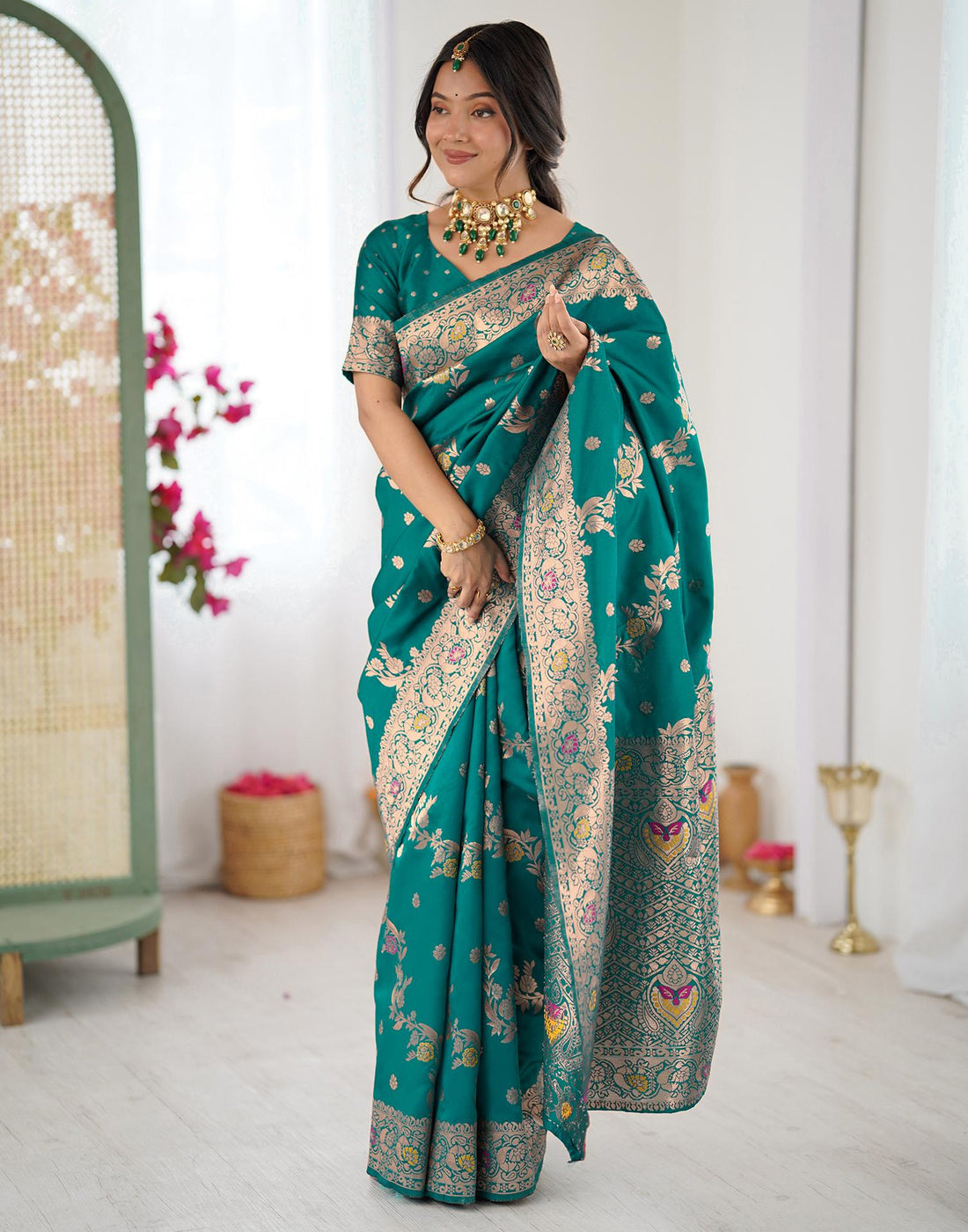 Teal Green Silk Woven Banarasi Saree