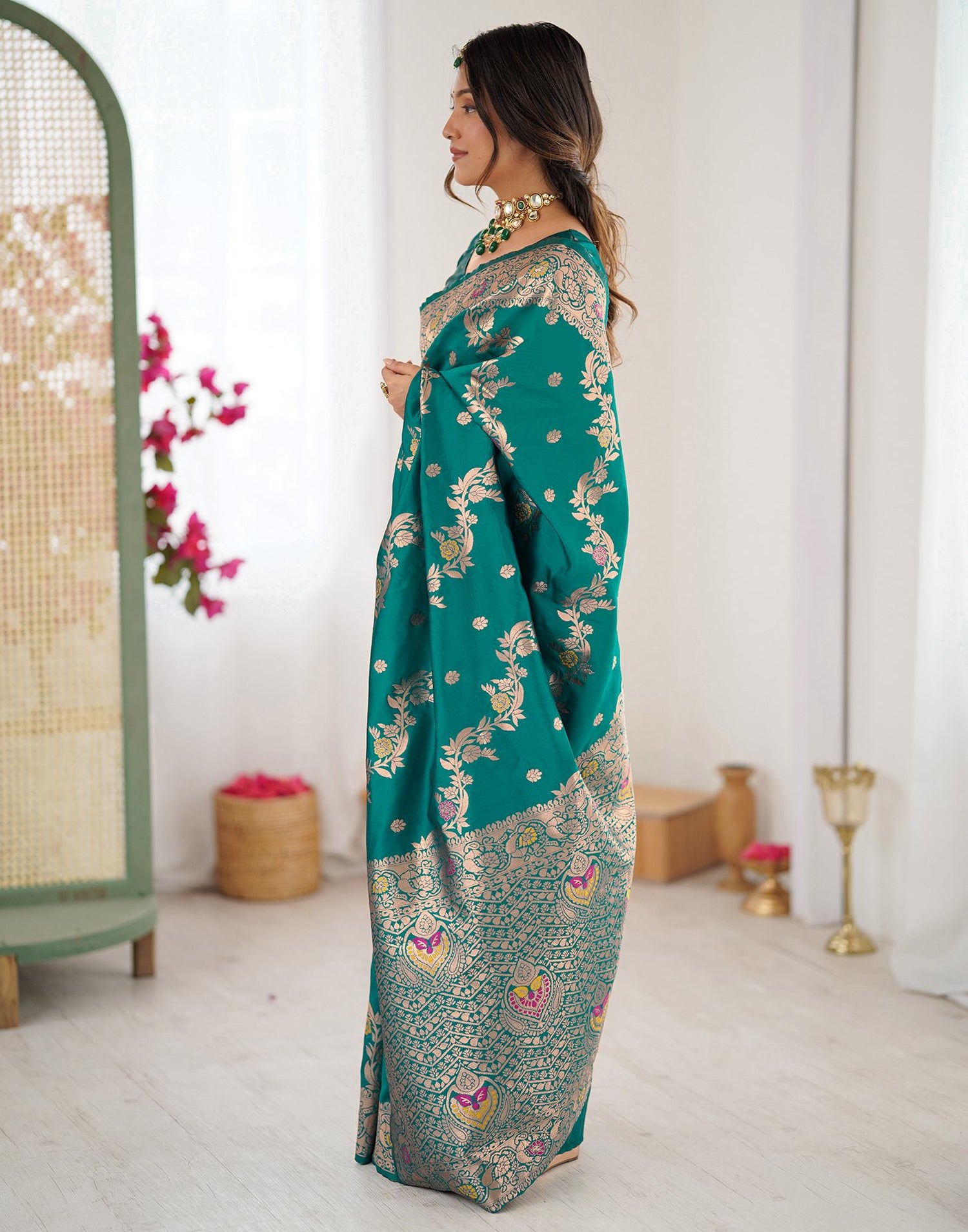 Teal Green Silk Woven Banarasi Saree