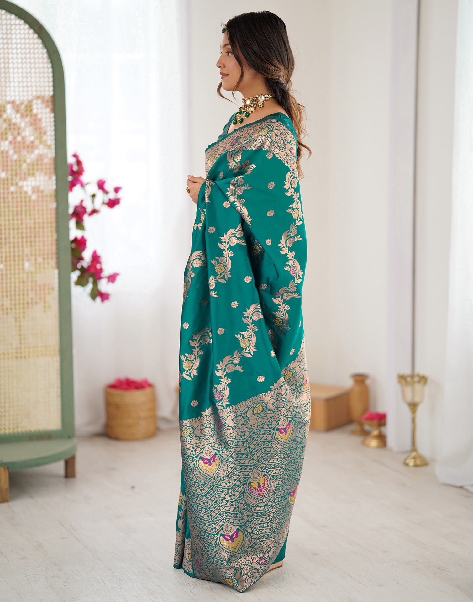 Teal Green Silk Woven Banarasi Saree