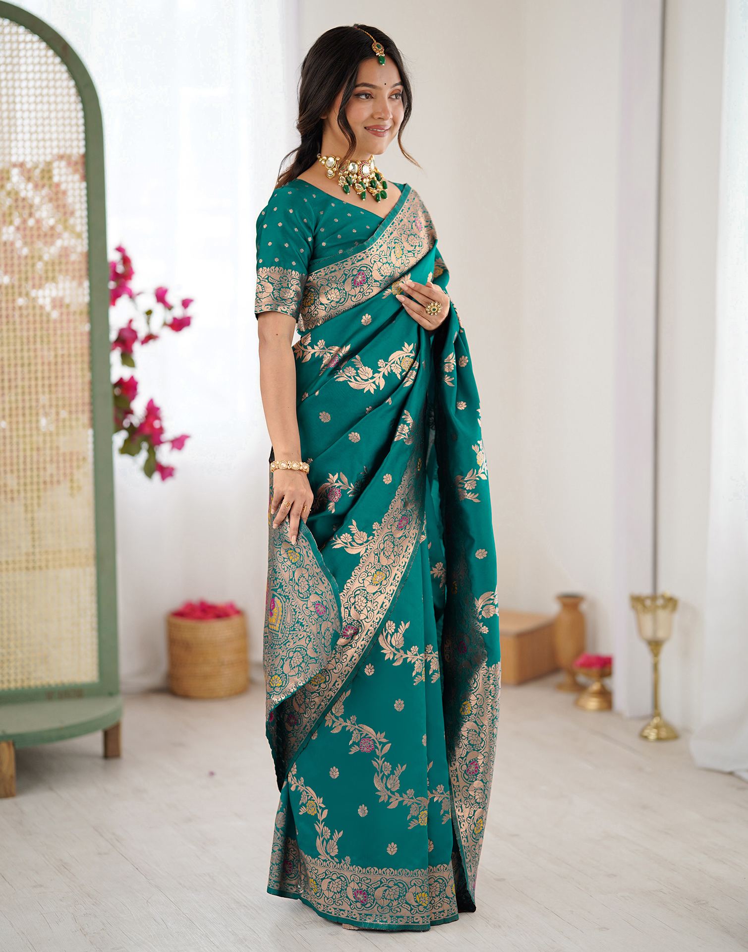 Teal Green Silk Woven Banarasi Saree